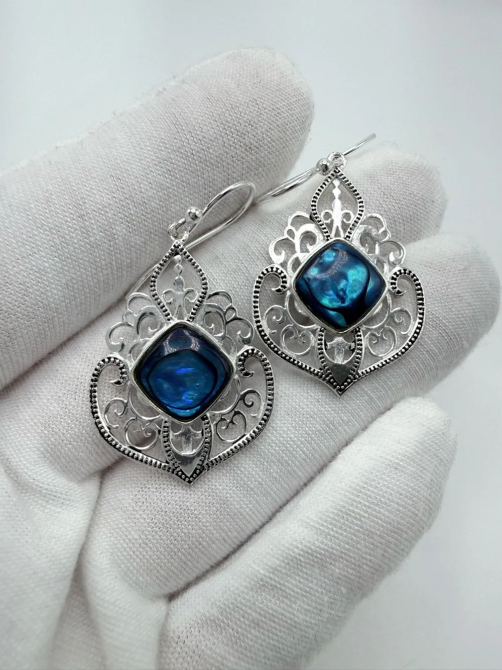 Blue Abalone Shell Filigree Design .925 Sterling Silver Earrings - Picture 6 of 11